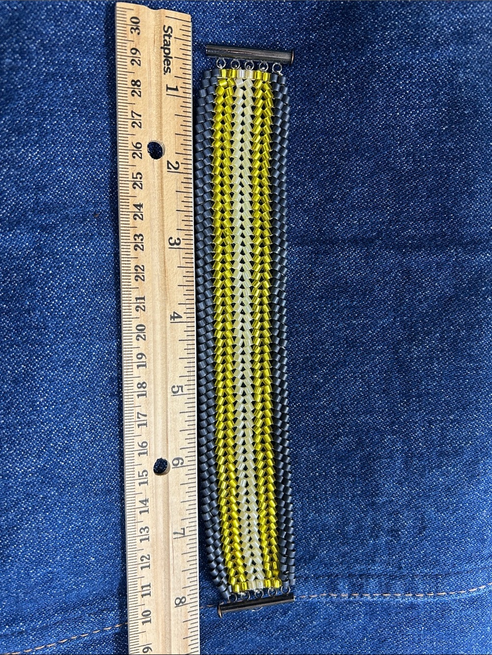 HAND BEADED  HERRING BONE Beaded Bracelet in Yellow and Gunmetal